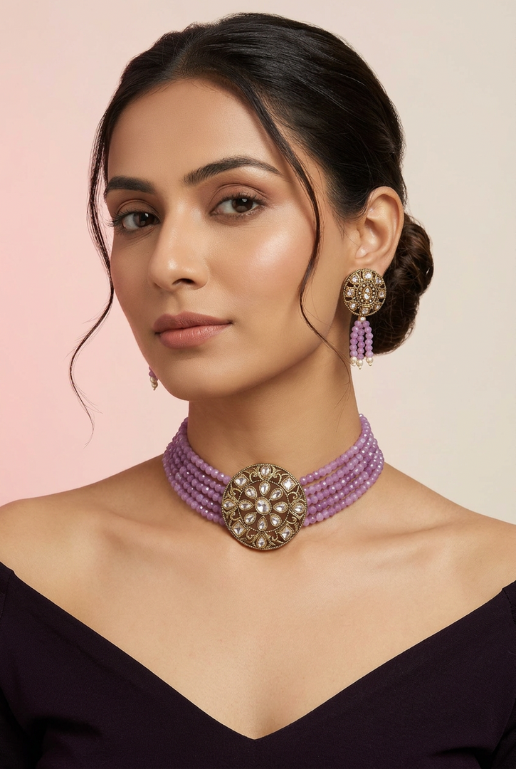 Lavender Polki Indian Choker Set