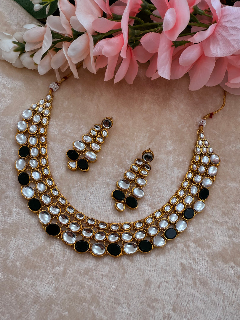 White Black Kundan Necklace With Earring