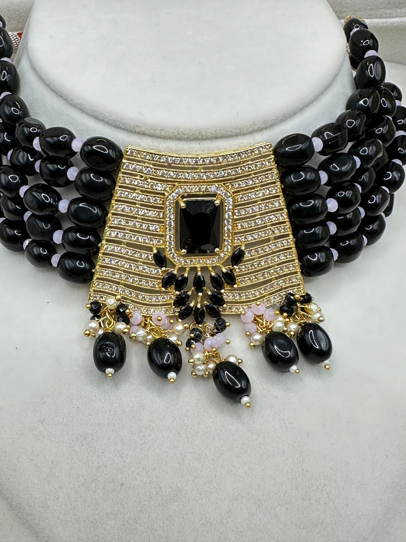 Black Beads With  American Diamond Choker Set