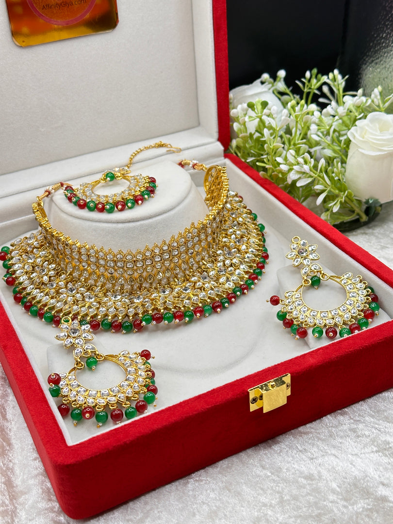 Green Red Gold platted Kundan Necklace Set