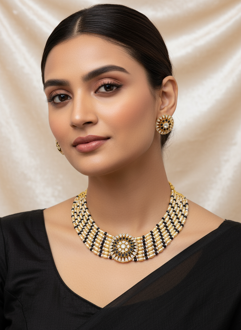 Sleek Pearl With American Diamond Choker Set