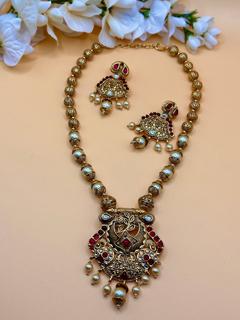 Gahena Rani Color Matte Gold Temple Necklace Set