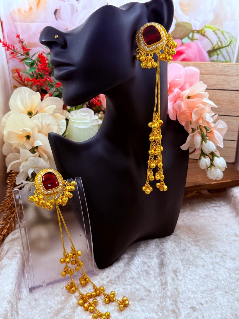 Red gold plated Kashmiri Earrings with hanging ghungru