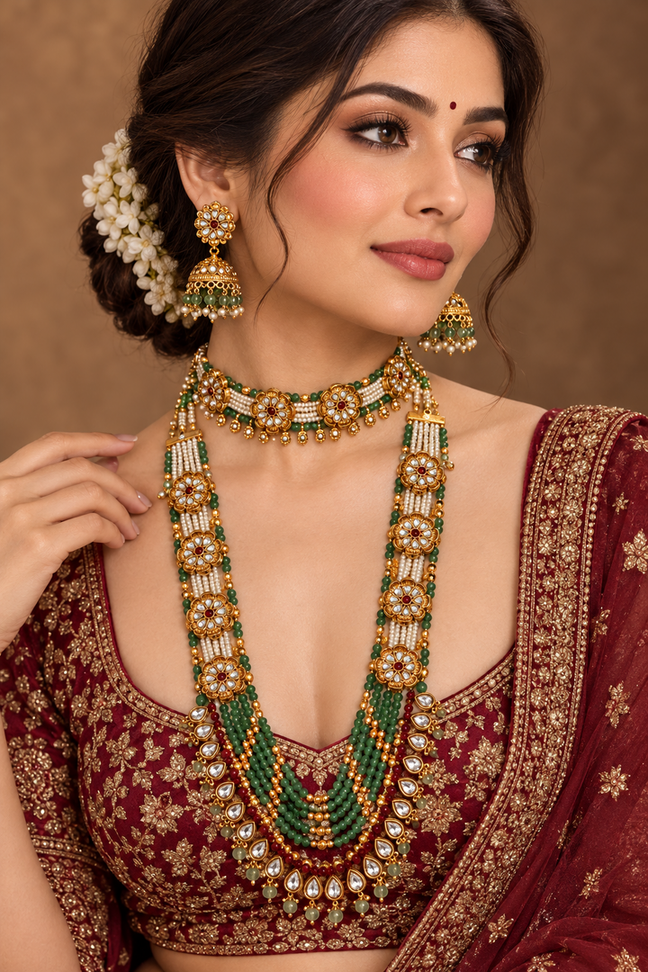Rajwadi Moissanite Polki choker with long mala combo set