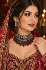 Load image into Gallery viewer, Dark Maroon In Black Metal Pakistani Choker Set