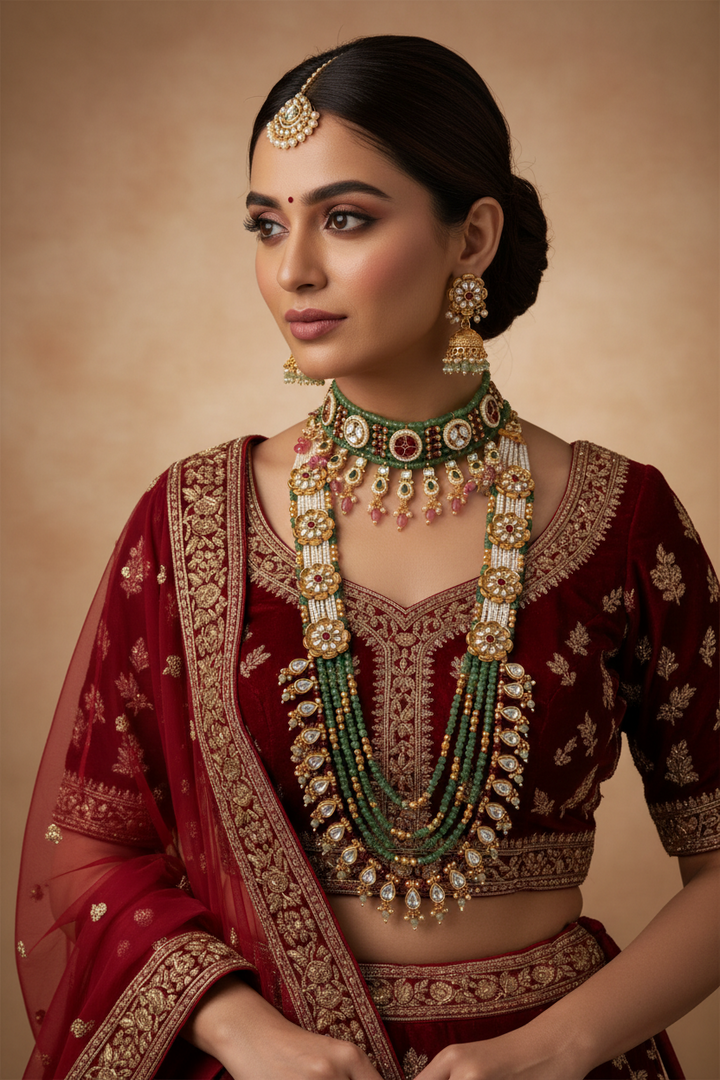 Rajwadi moissanite polki Mala and choker set with 2 pairs of jhumkas