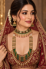 Load image into Gallery viewer, Rajwadi moissanite polki Mala and choker set with 2 pairs of jhumkas