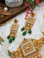 Load image into Gallery viewer, Jina Green Rajwadi matte Gold Plated Temple Jewerly set