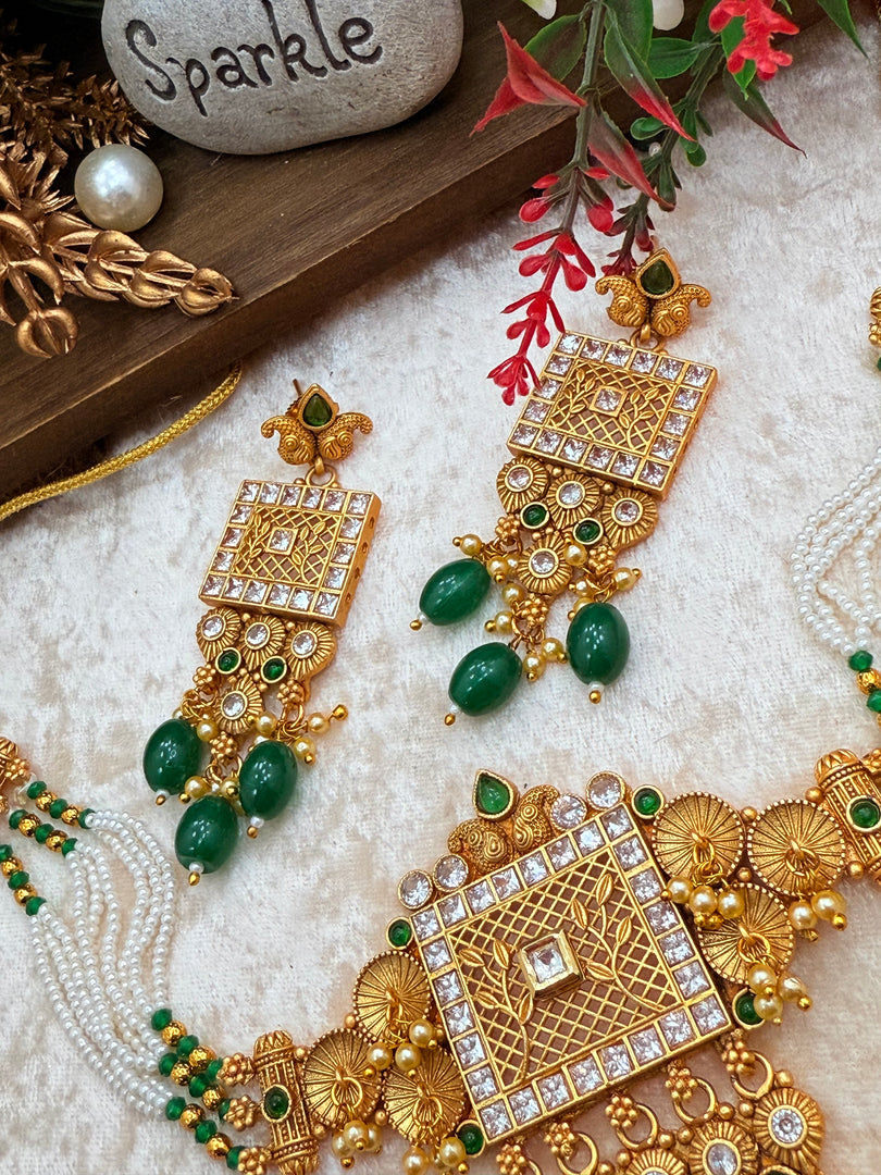 Jina Green Rajwadi matte Gold Plated Temple Jewerly set
