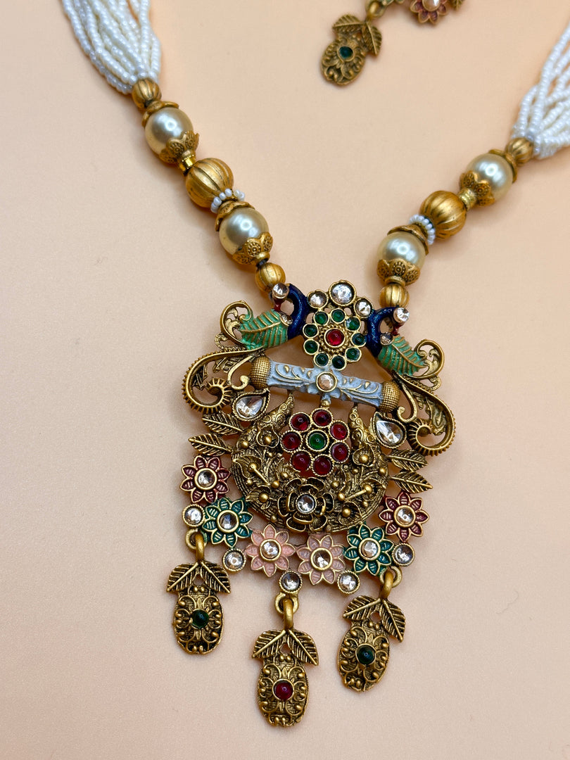 Rajwadi Multi Color Matte Gold Temple Necklace Set