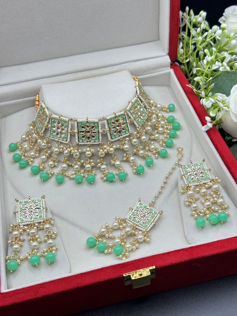 Hayat Kundan Drop Pearl Indian Choker Set