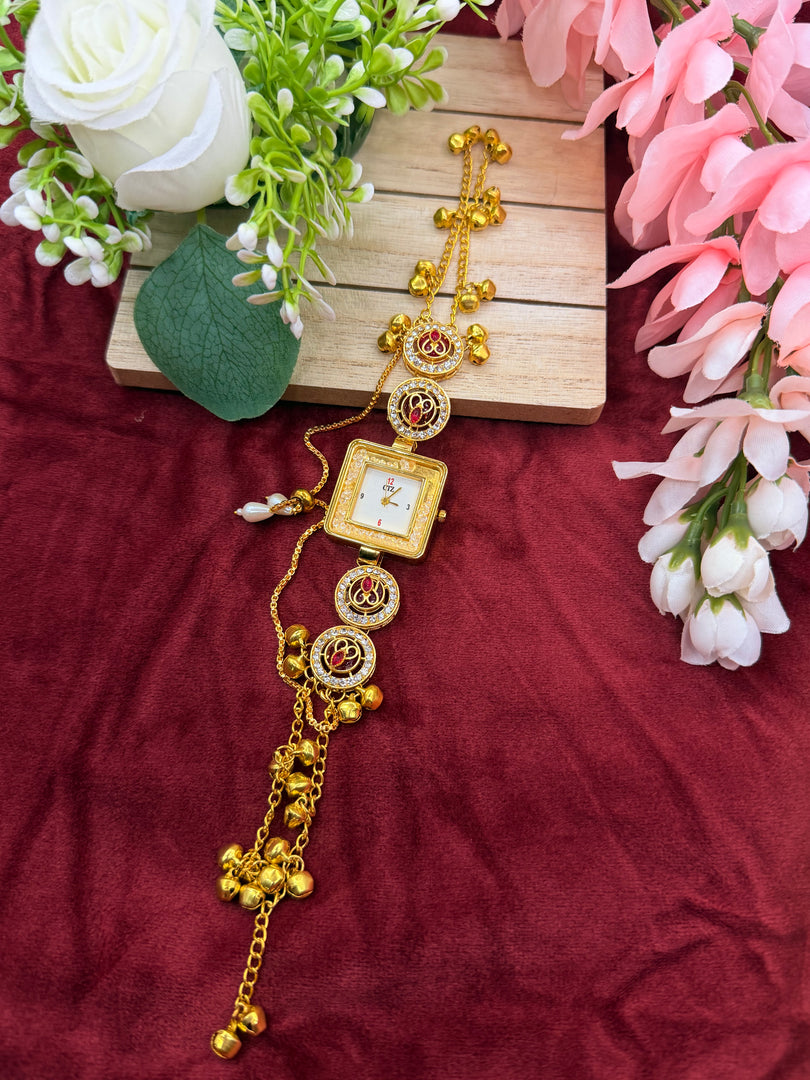 Kashmiri Adjustable size kundan Watches with Hanging bells