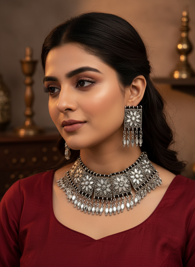 Shoma Oxidised Mirror Choker Set