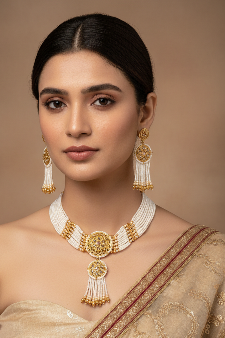 rajwadi gold white choker with earring