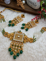 Load image into Gallery viewer, Jina Green Rajwadi matte Gold Plated Temple Jewerly set