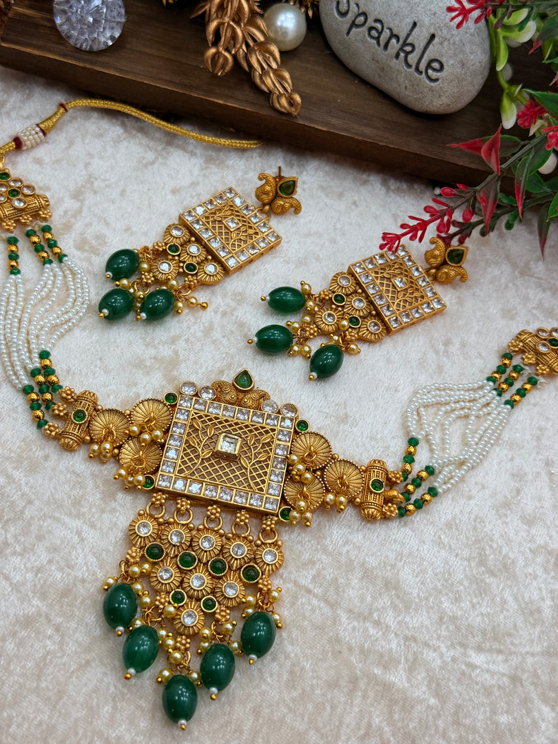 Jina Green Rajwadi matte Gold Plated Temple Jewerly set