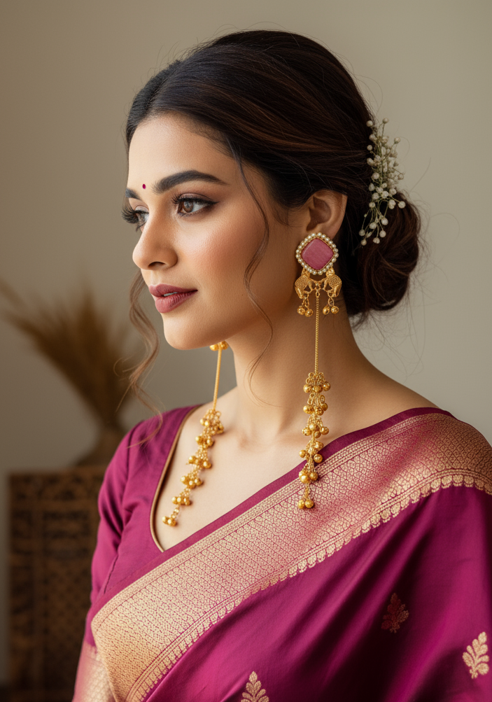 Baby Pink Kashmiri earrings high quality In Brass gold plated