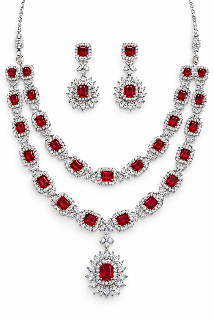 Simrat Silver Ruby Ad Necklace Earring Set