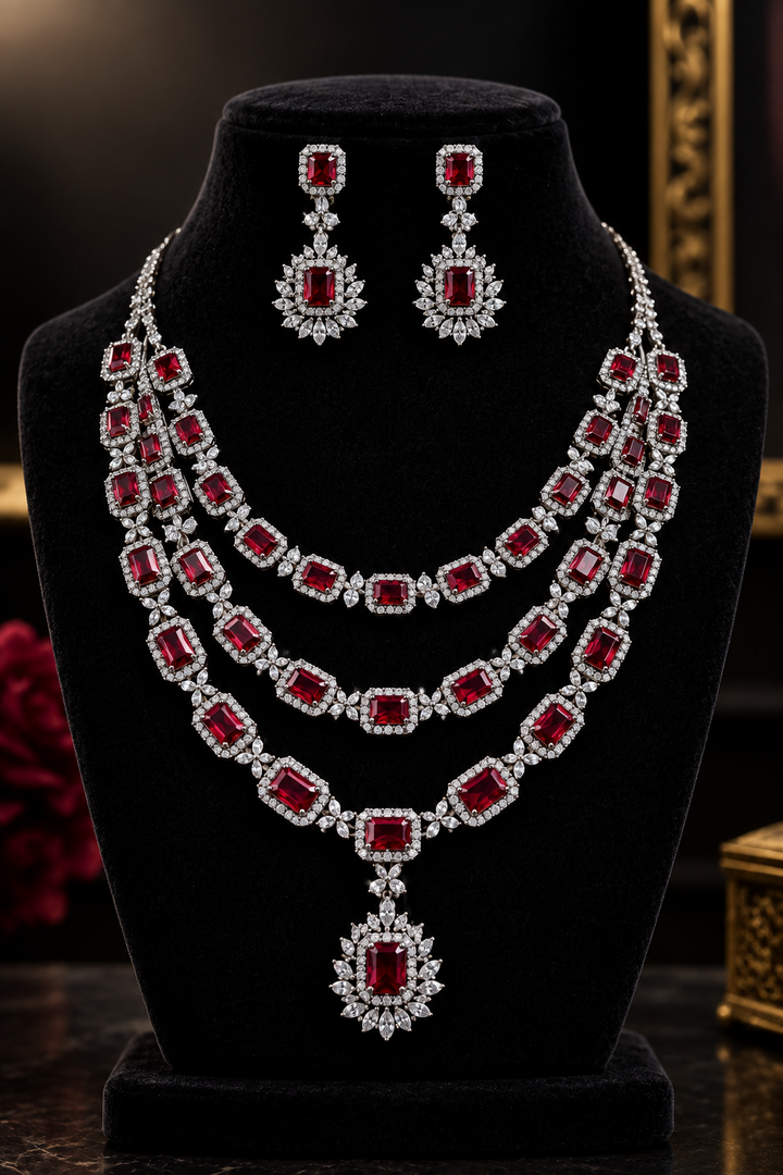 Simrat Silver Ruby Ad Necklace Earring Set