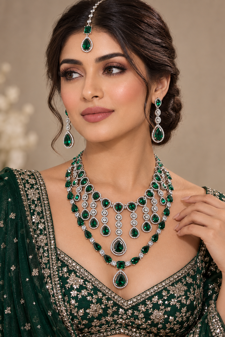 Shuvangi AD emerald Green silver set