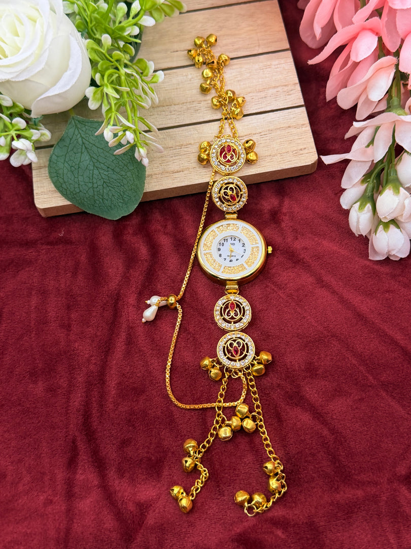 Kashmiri Adjustable size kundan Watches with Hanging bells
