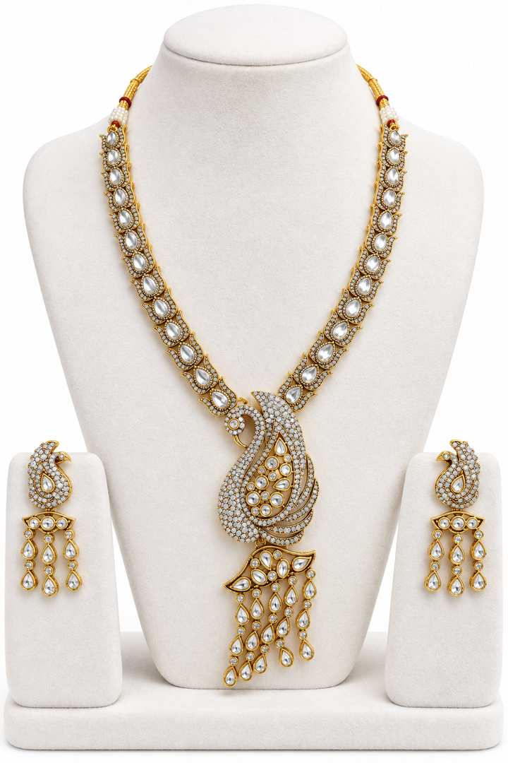 Peacock long Moissanite polki Necklace with Earrings