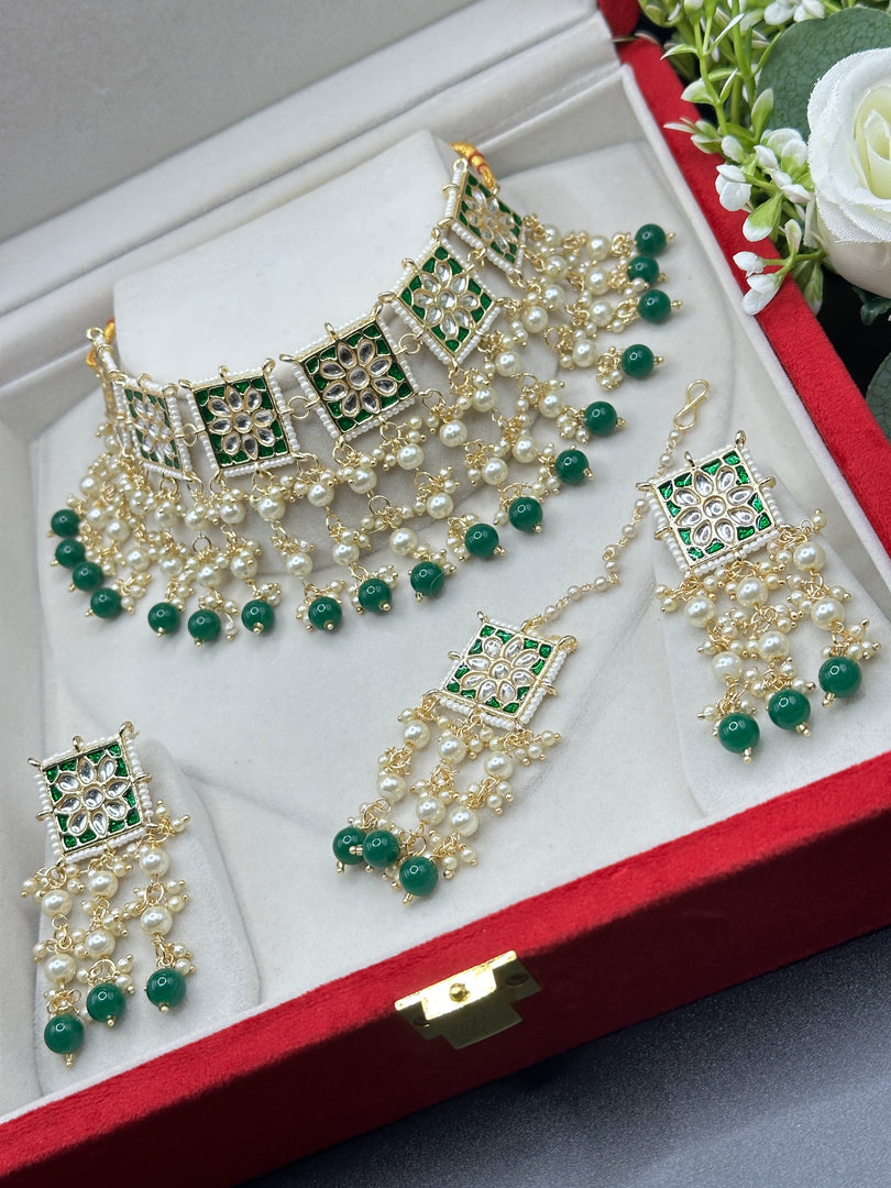 Hayat Kundan Drop Pearl Indian Choker Set