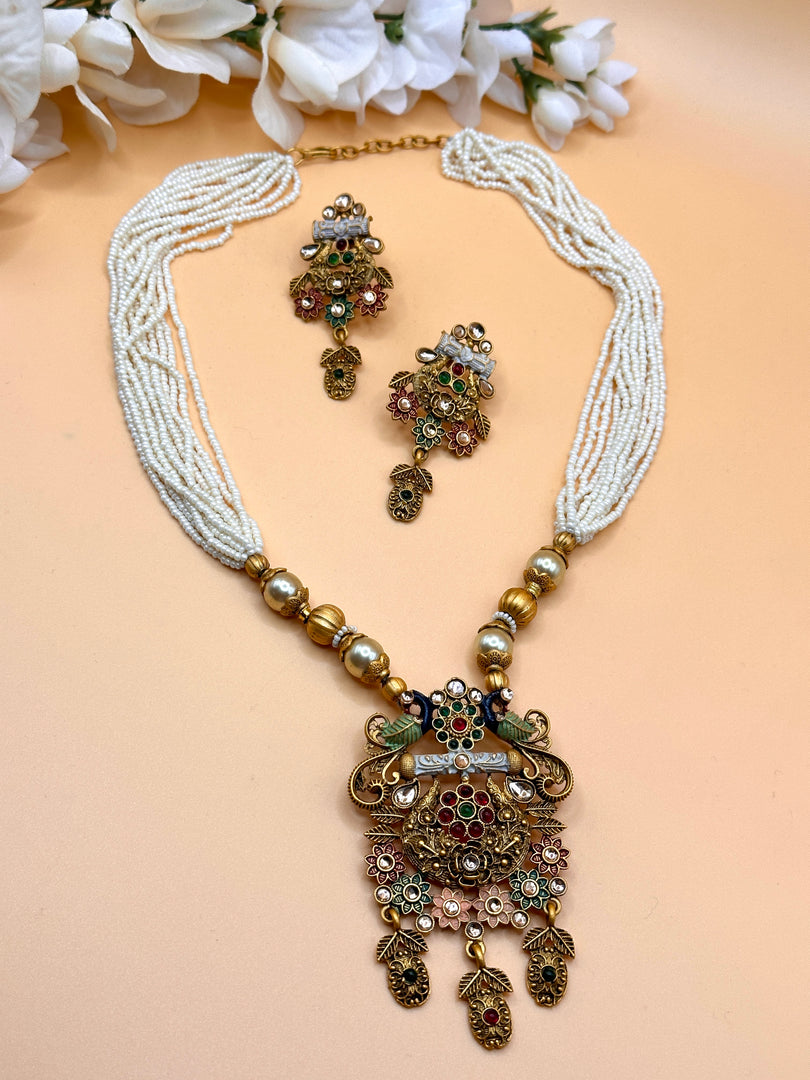 Rajwadi Multi Color Matte Gold Temple Necklace Set