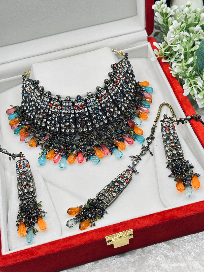 Black Metal Pakistani Multi Color Choker Set