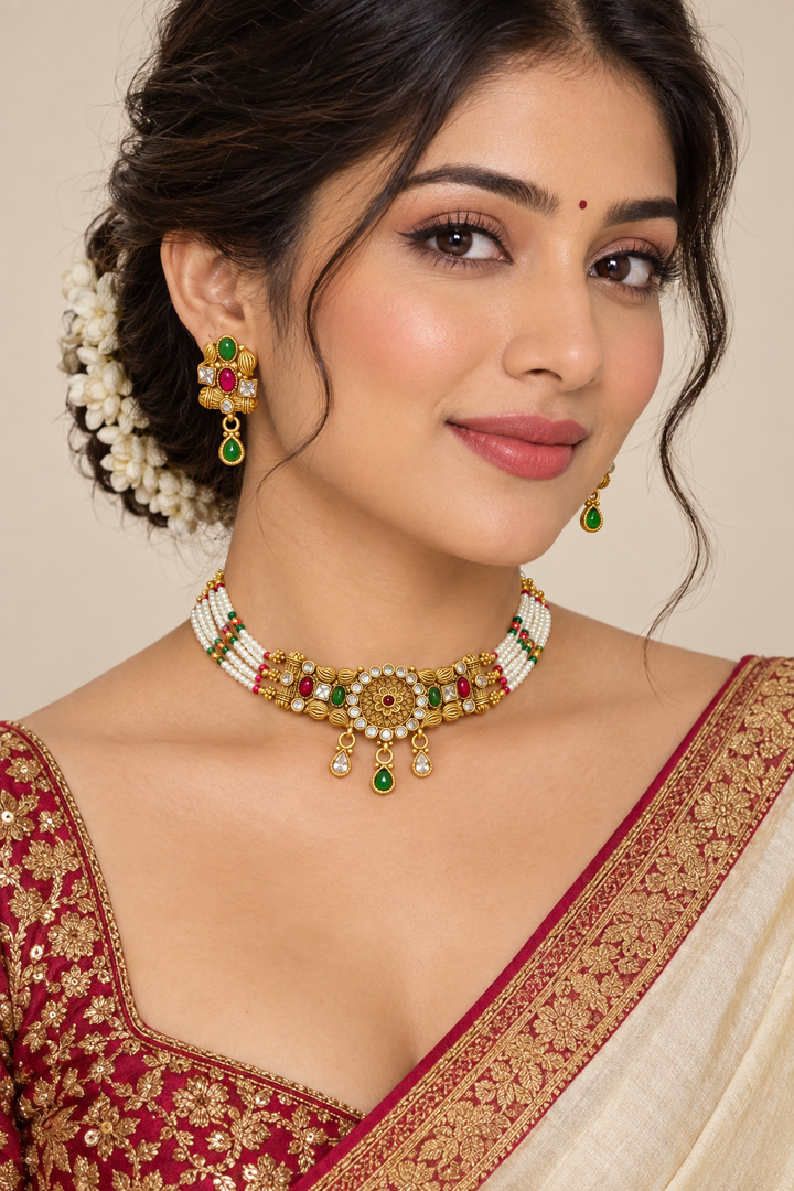 Suhami Matte Golden Multi Color Choker set