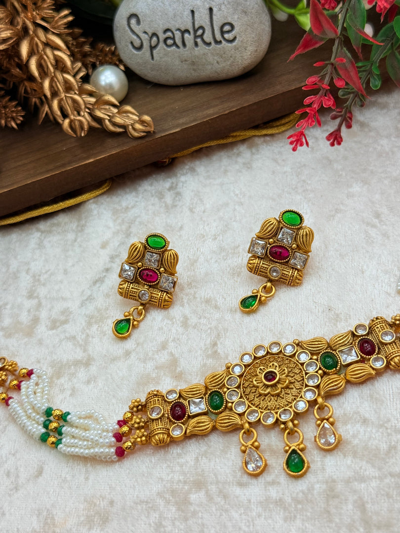 Suhami Matte Golden Multi Color Choker set