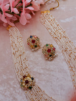 Load image into Gallery viewer, Navratna white gold beads mala with multicolor studs earrings