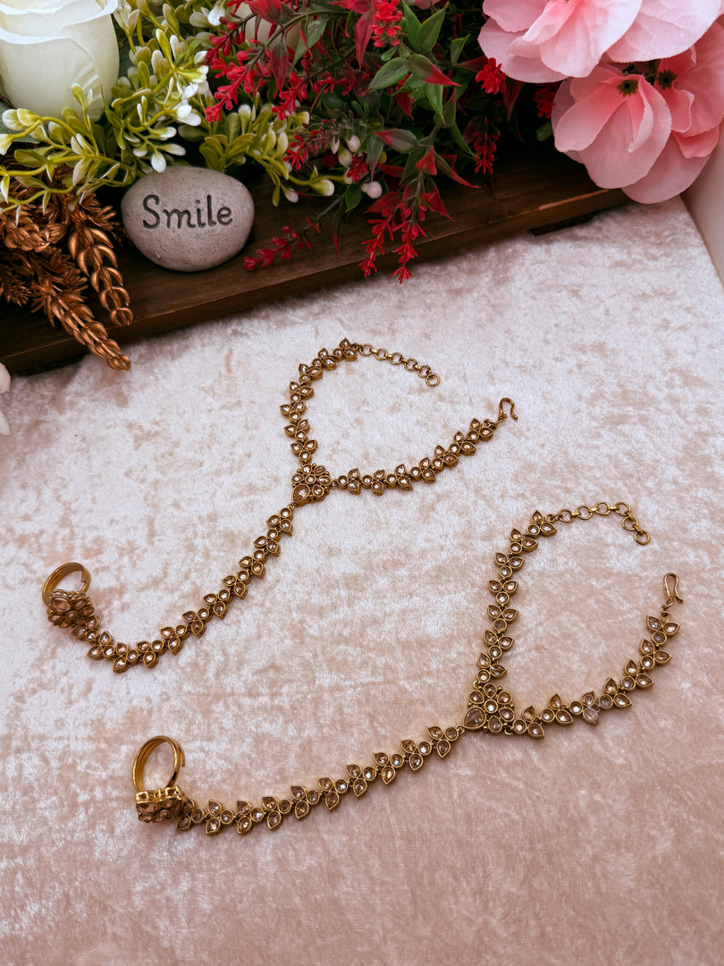 Polki Wrist Bracelet With Ring Chain