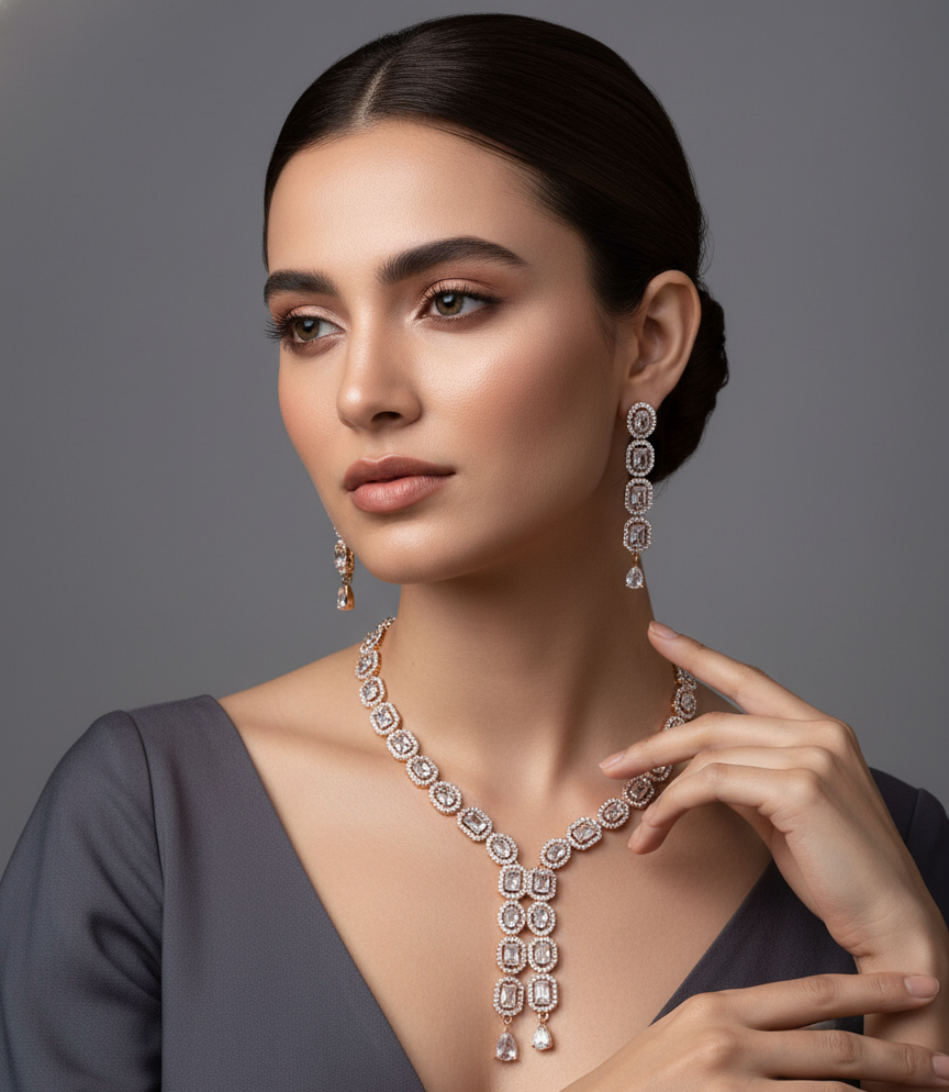 Nikas American Diamond RoseGold Necklace Set