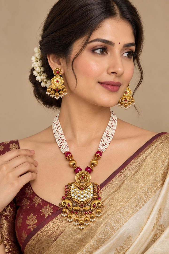 Rani pink Color Matte Rajwadi Gold Necklace Set