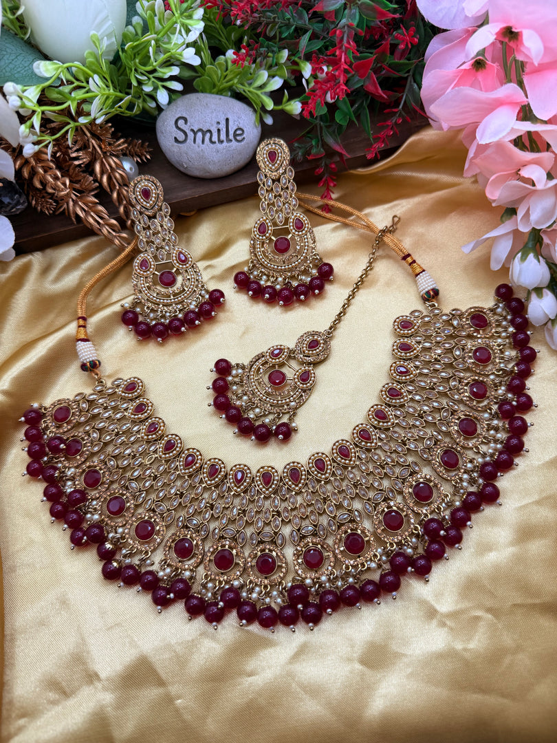 मैरून दुल्हन पोल्की भारतीय हार सेट