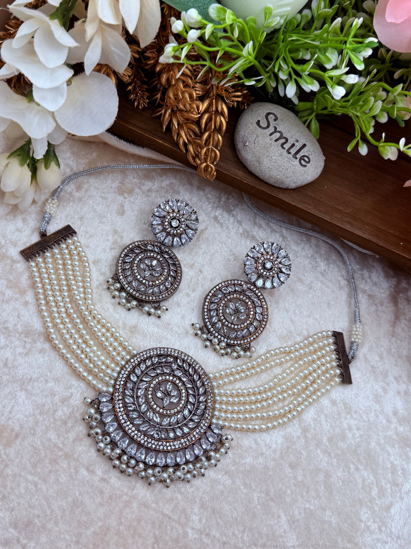 Gaurika American Diamond  layered Pearls Choker Set