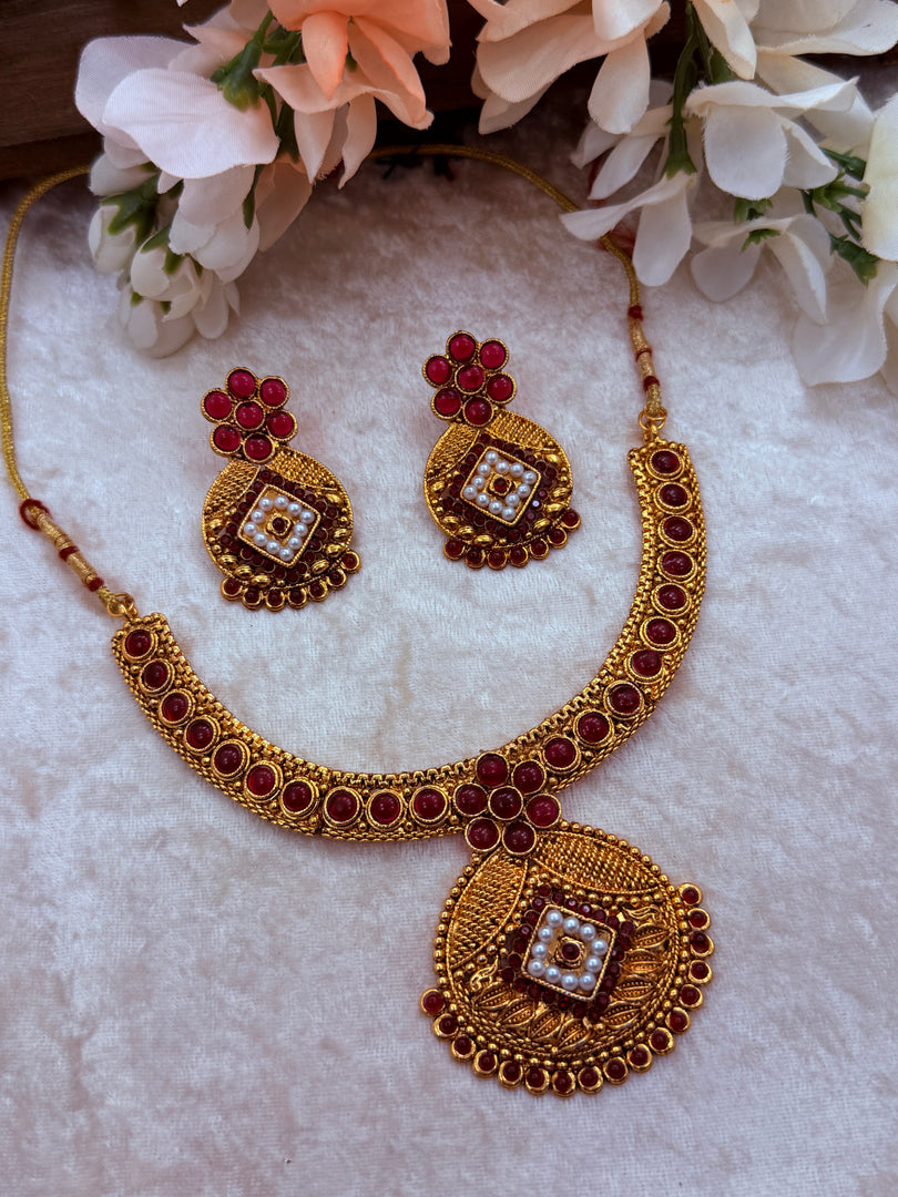 Golden Maroon Hasli Necklace with Earring