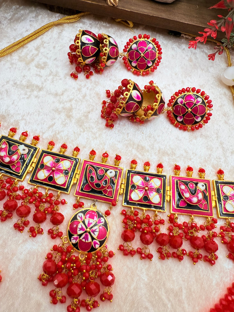 Red Meenakari Choker With Tikka Earring Passa Set