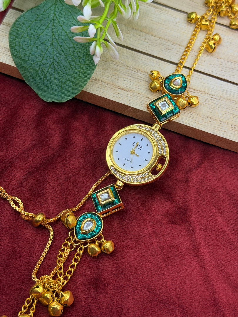 Kashmiri Adjustable size kundan Watches with Hanging bells