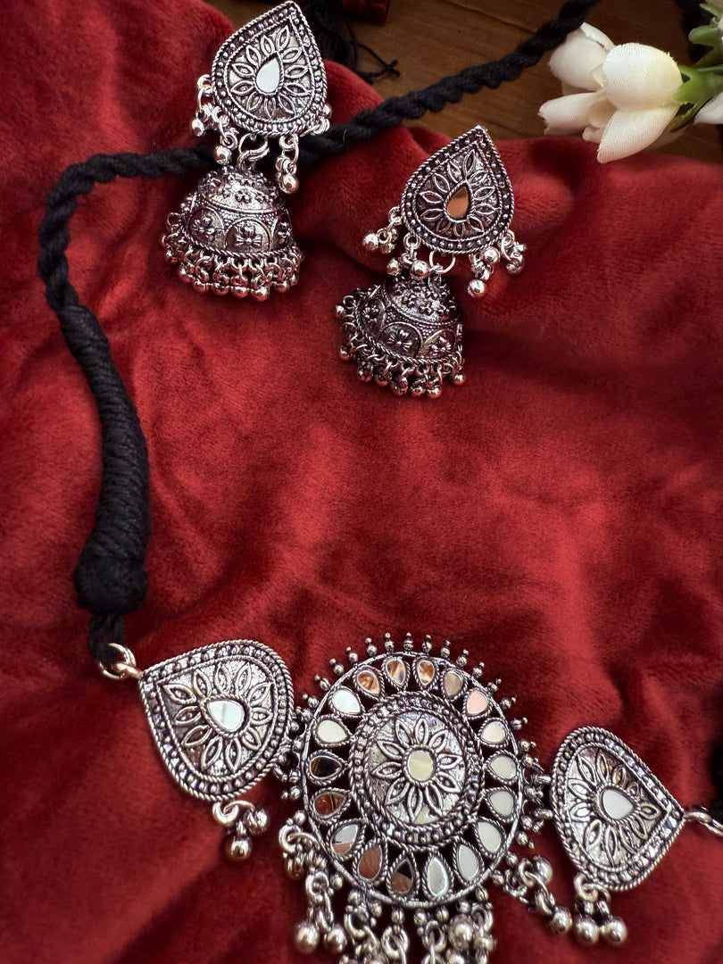 Silver Oxidised choker set with jhumka