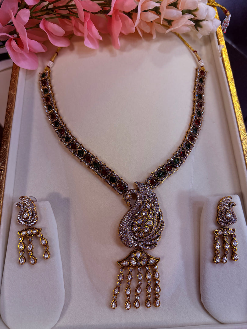 Peacock long Moissanite polki Necklace