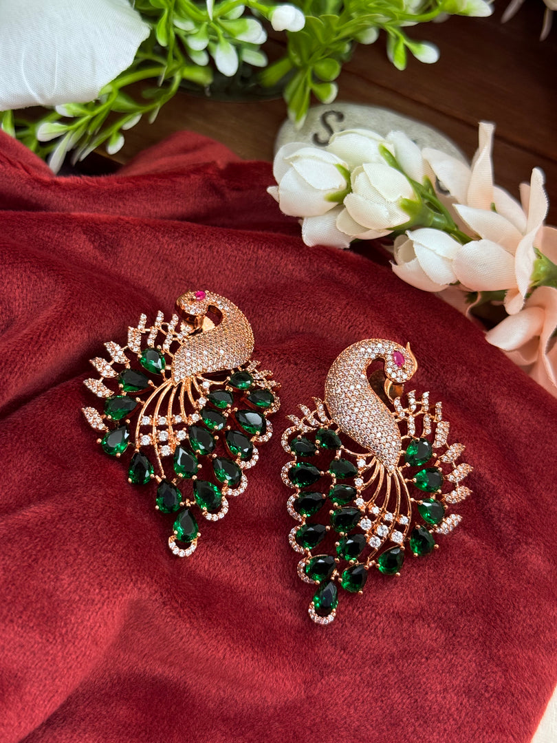 Peacock American Diamond RoseGold Oversized Stud