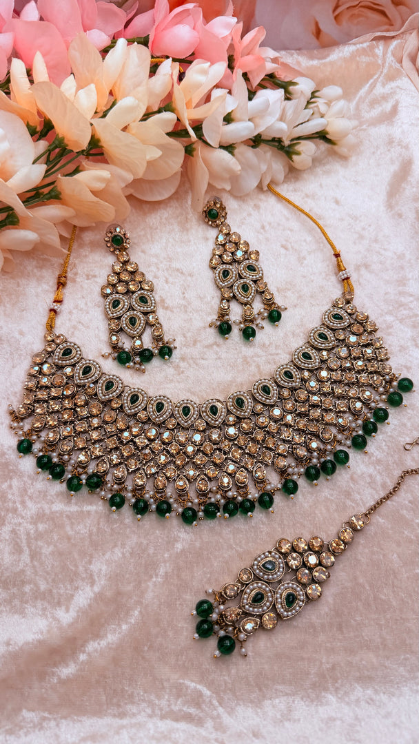 Green Antique Gold crystal beads choker set