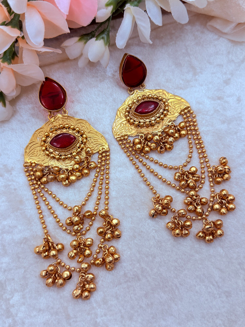 Red brass gold Kashmiri long earrings