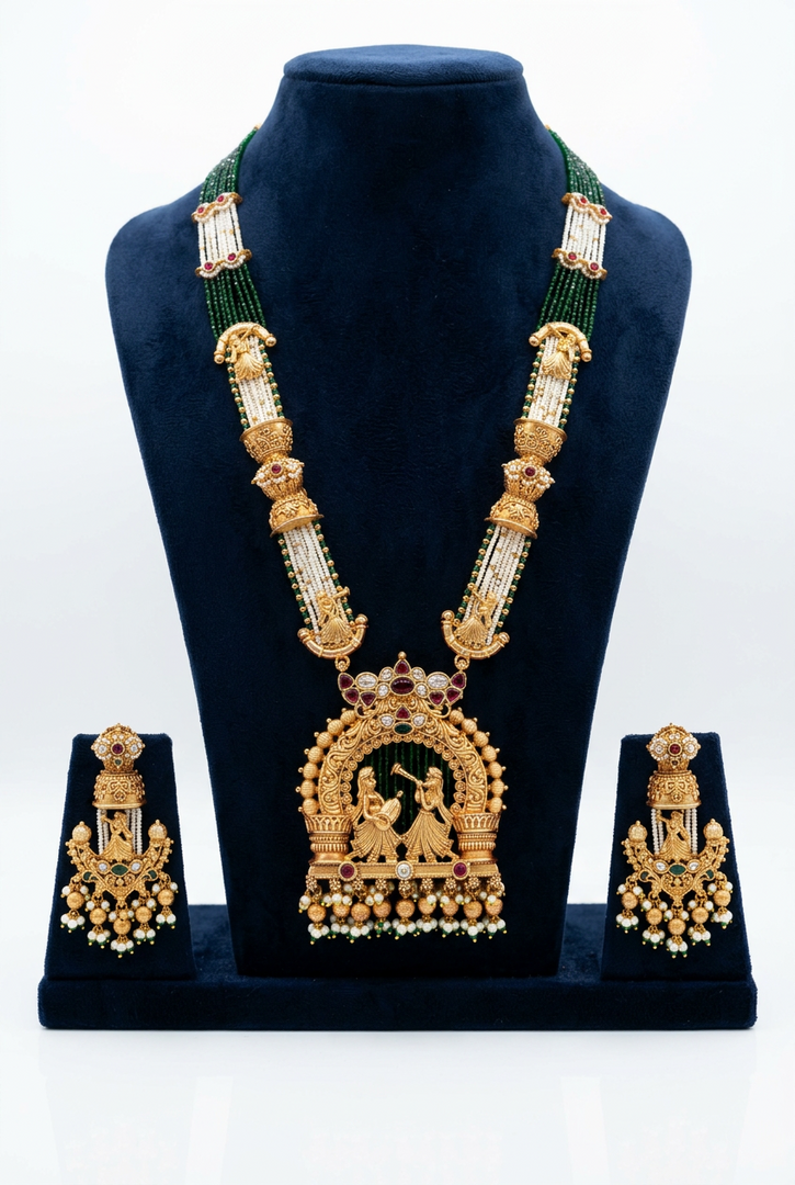 Rajwadi Antique gold doli Barat long Necklace with earrings