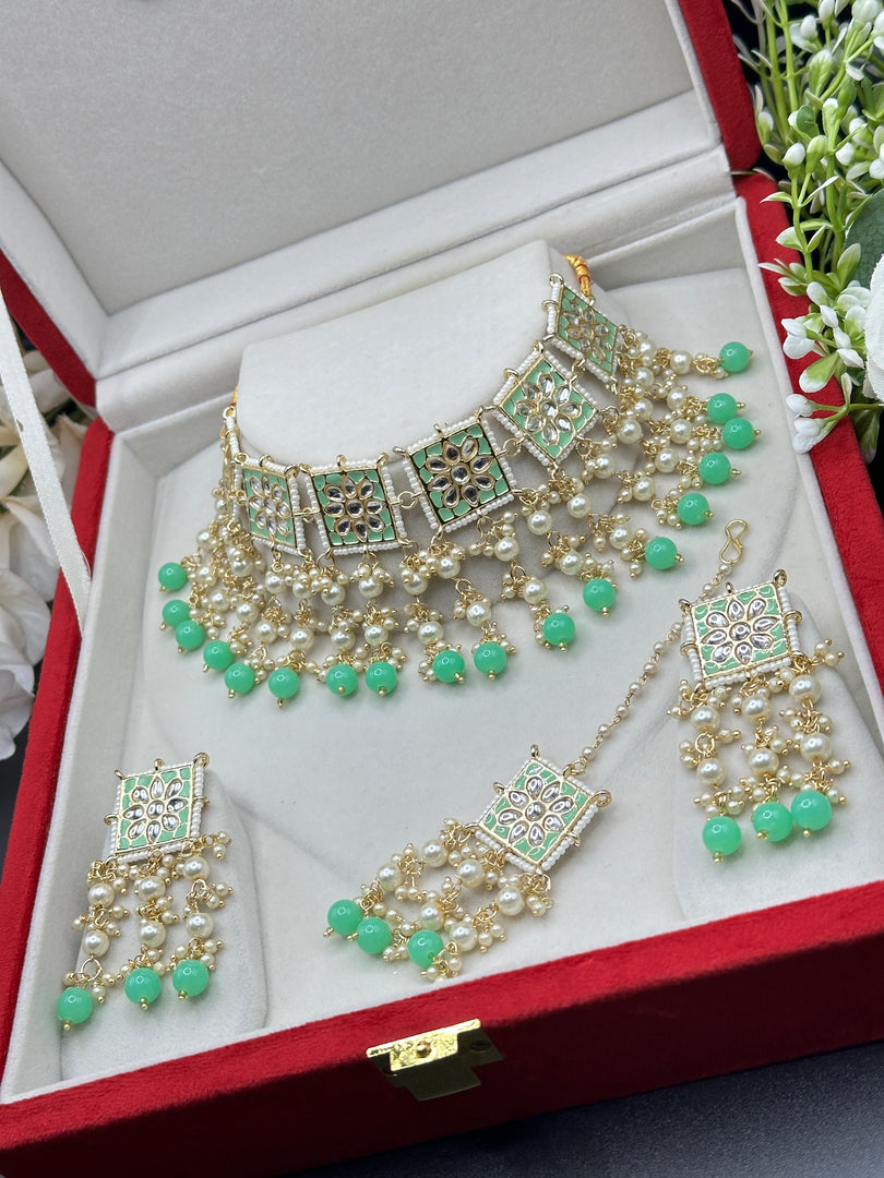 Hayat Kundan Drop Pearl Indian Choker Set