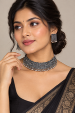 Load image into Gallery viewer, Silver Oxidised choker set with earring