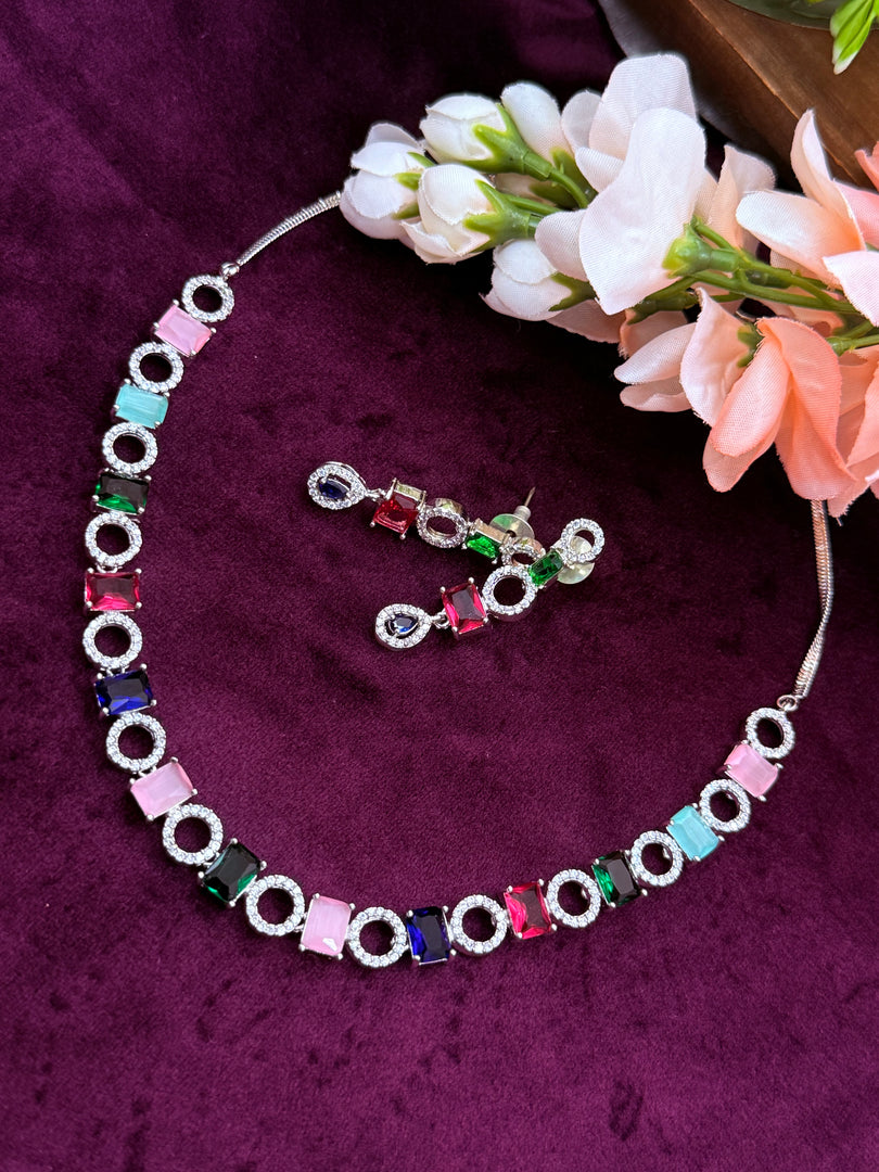 American Diamond Silver Multicolor AD set