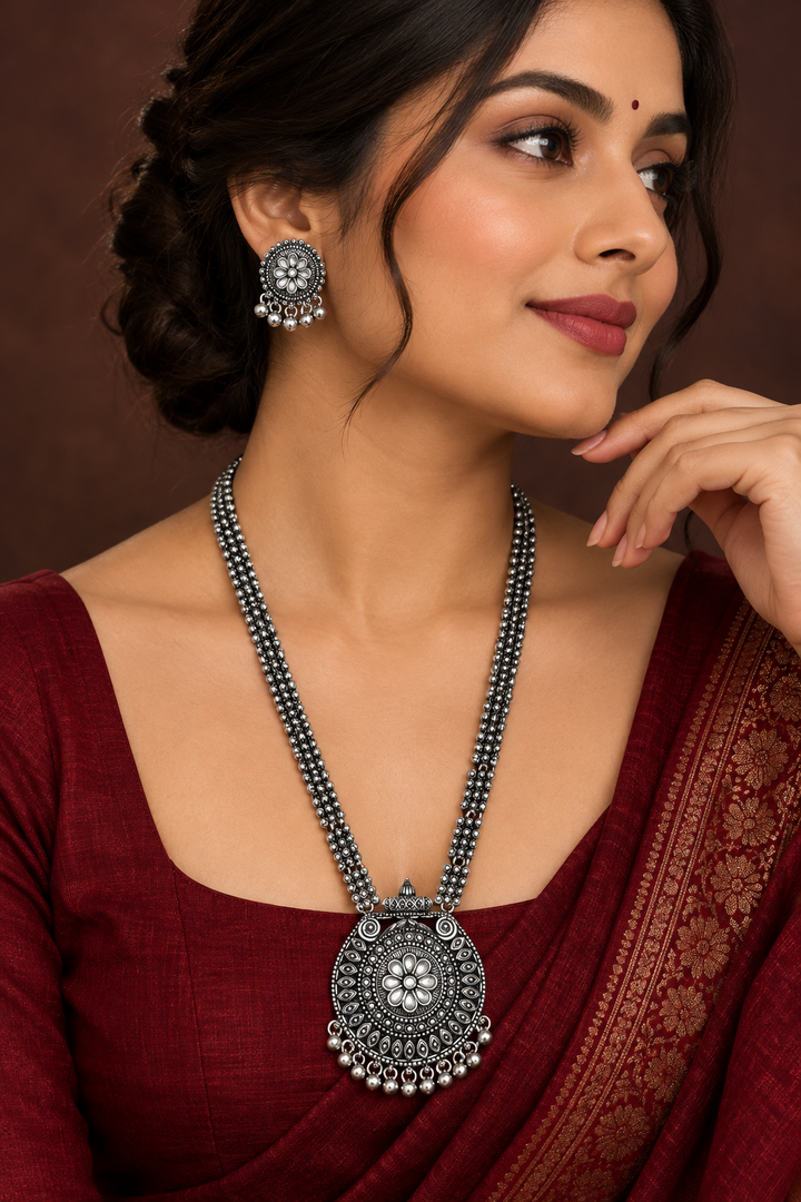 Ambe Oxidised long necklace with earrings